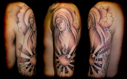 Black And White Virgin Mary Tattoo On Half Sleeve